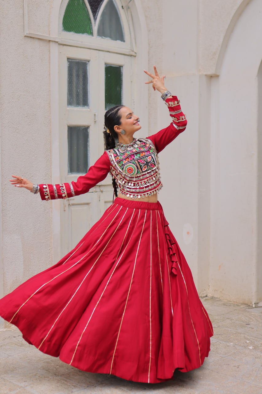Maroon Navratri Special Roman Fabric Lehenga Choli with Kutchi Gamthi & Mirror Work