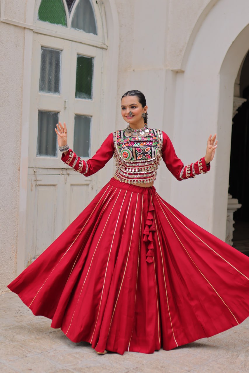 Maroon Navratri Special Roman Fabric Lehenga Choli with Kutchi Gamthi & Mirror Work