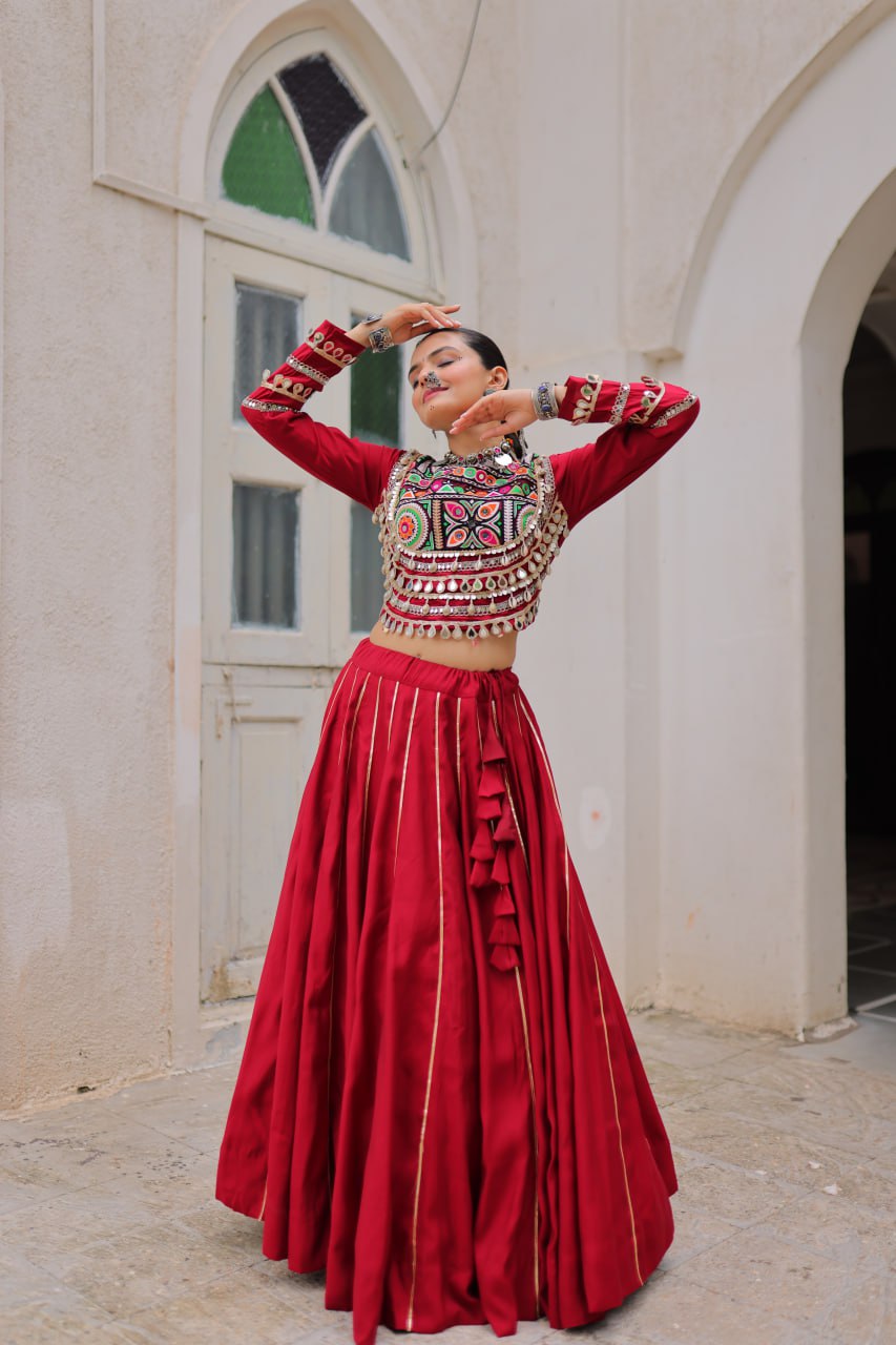 Maroon Navratri Special Roman Fabric Lehenga Choli with Kutchi Gamthi & Mirror Work