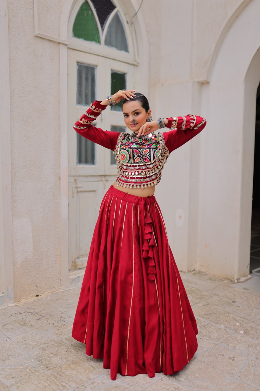 Maroon Navratri Special Roman Fabric Lehenga Choli with Kutchi Gamthi & Mirror Work