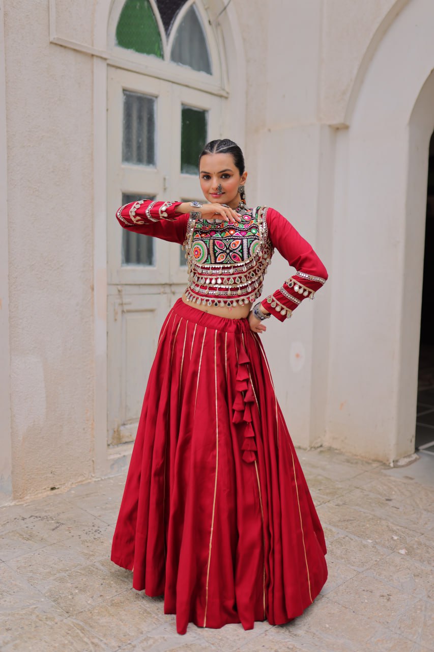 Maroon Navratri Special Roman Fabric Lehenga Choli with Kutchi Gamthi & Mirror Work