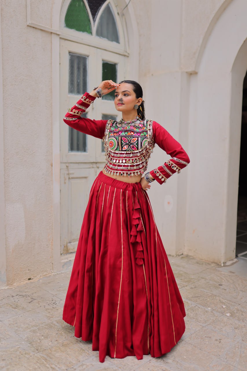 Maroon Navratri Special Roman Fabric Lehenga Choli with Kutchi Gamthi & Mirror Work