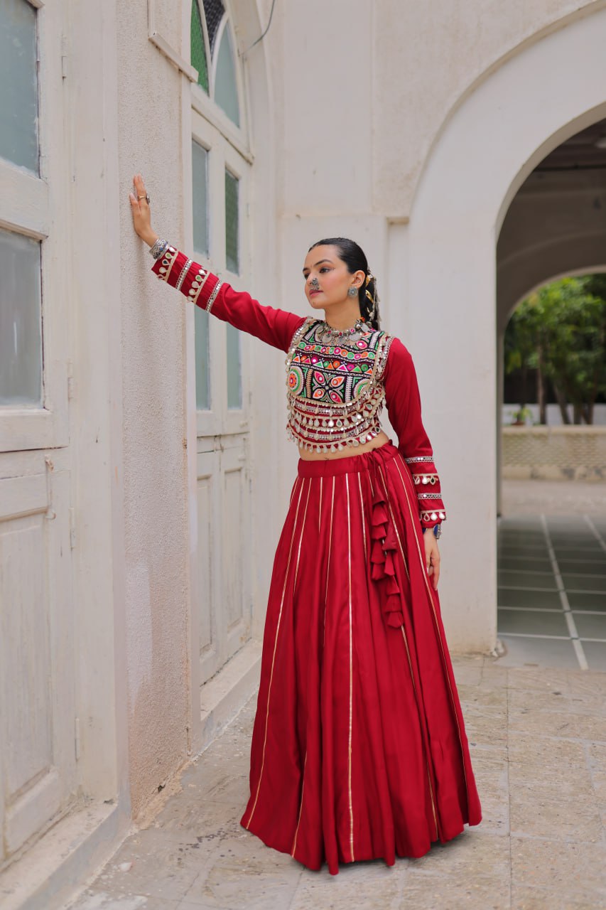 Maroon Navratri Special Roman Fabric Lehenga Choli with Kutchi Gamthi & Mirror Work
