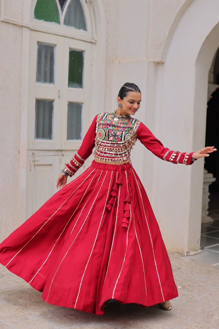 Maroon Navratri Special Roman Fabric Lehenga Choli with Kutchi Gamthi & Mirror Work