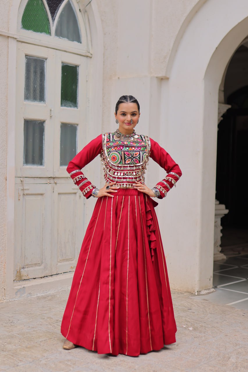 Maroon Navratri Special Roman Fabric Lehenga Choli with Kutchi Gamthi & Mirror Work