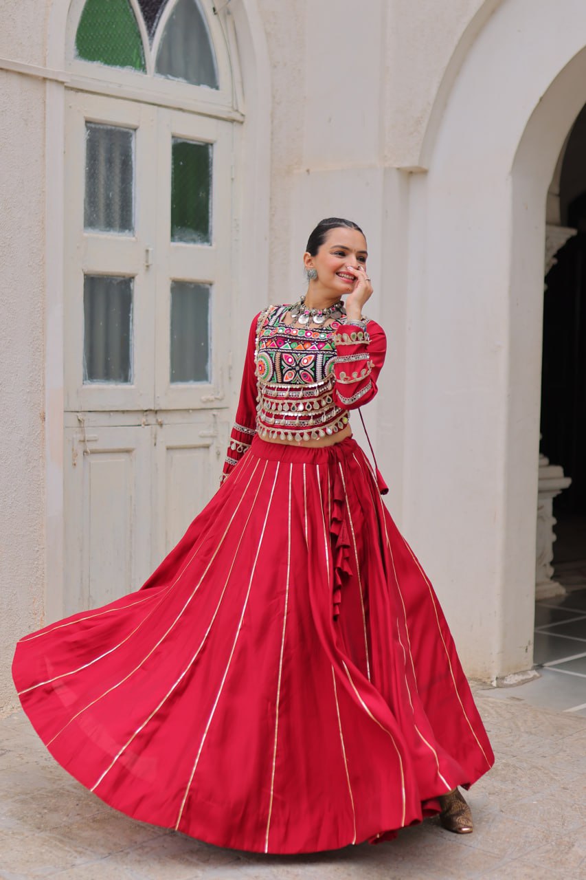 Maroon Navratri Special Roman Fabric Lehenga Choli with Kutchi Gamthi & Mirror Work