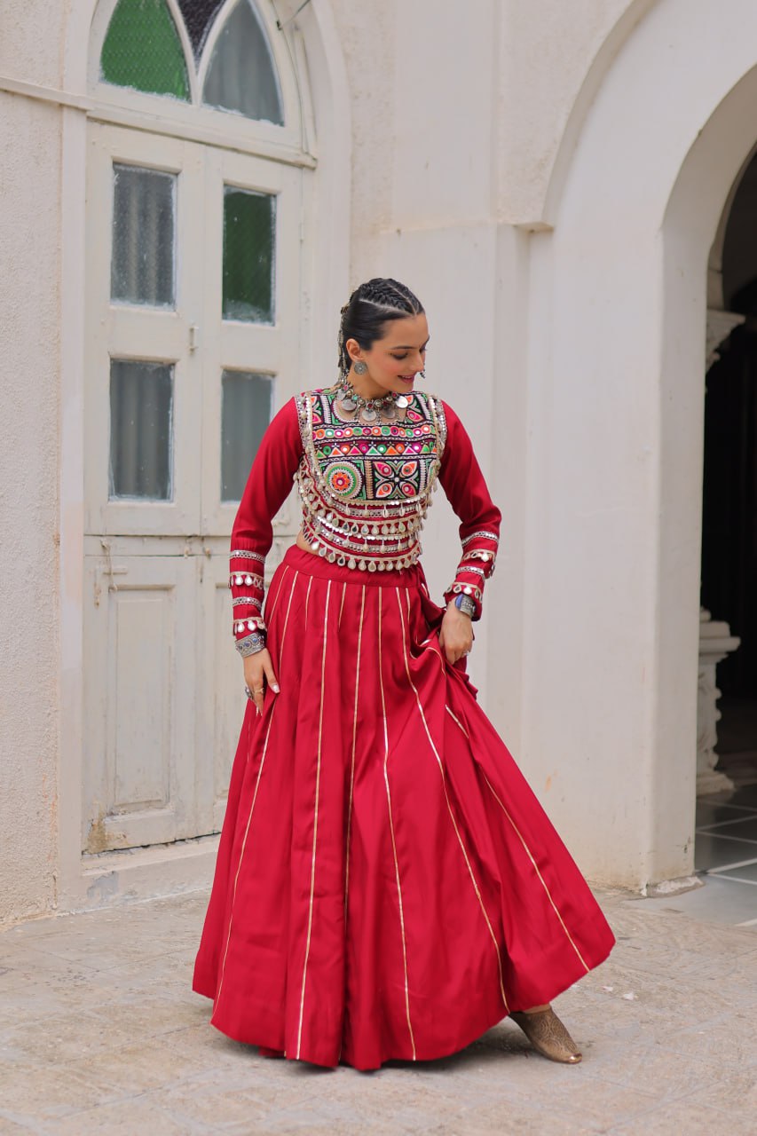 Maroon Navratri Special Roman Fabric Lehenga Choli with Kutchi Gamthi & Mirror Work