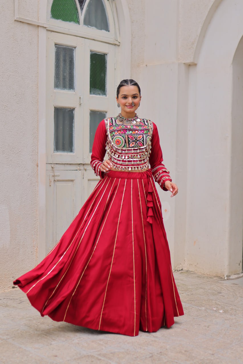 Maroon Navratri Special Roman Fabric Lehenga Choli with Kutchi Gamthi & Mirror Work