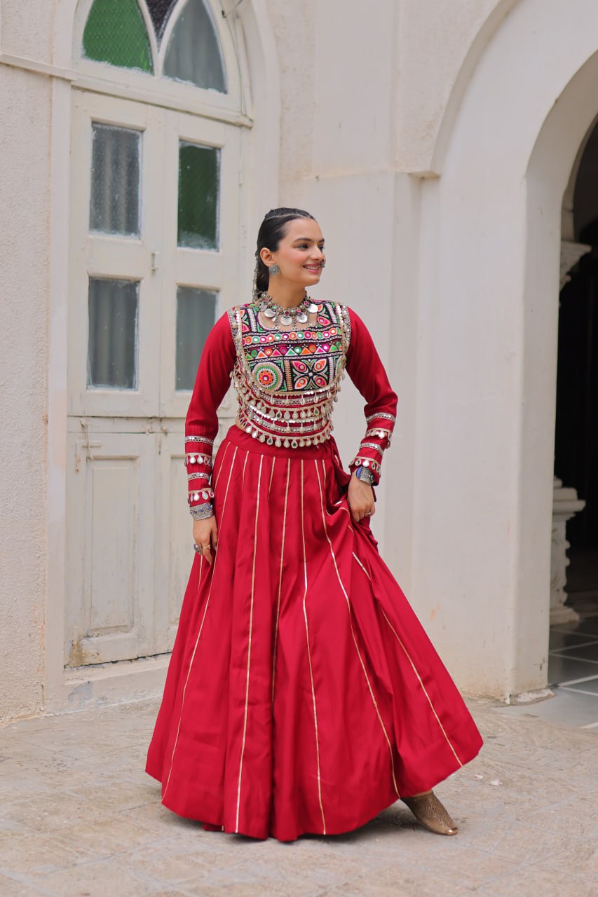 Maroon Navratri Special Roman Fabric Lehenga Choli with Kutchi Gamthi & Mirror Work