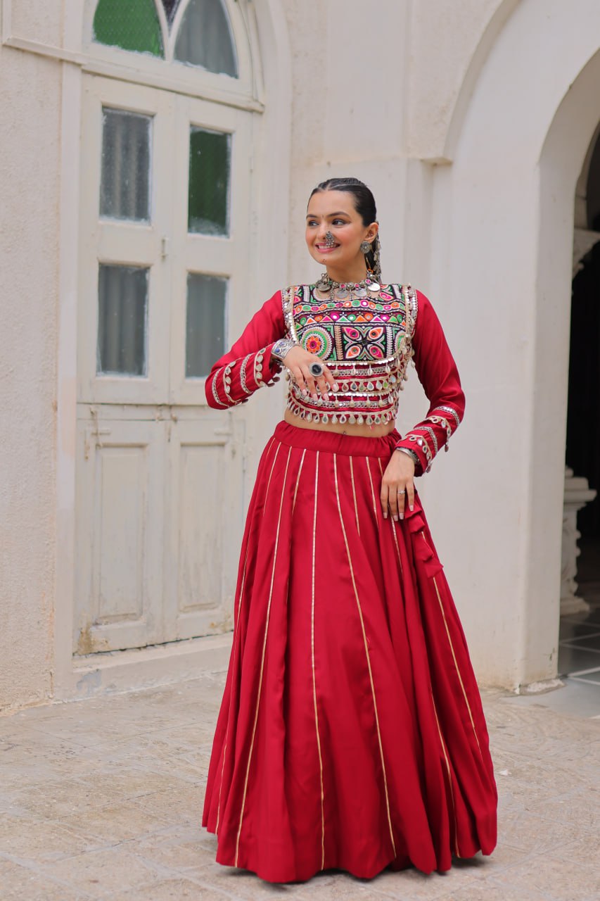 Maroon Navratri Special Roman Fabric Lehenga Choli with Kutchi Gamthi & Mirror Work