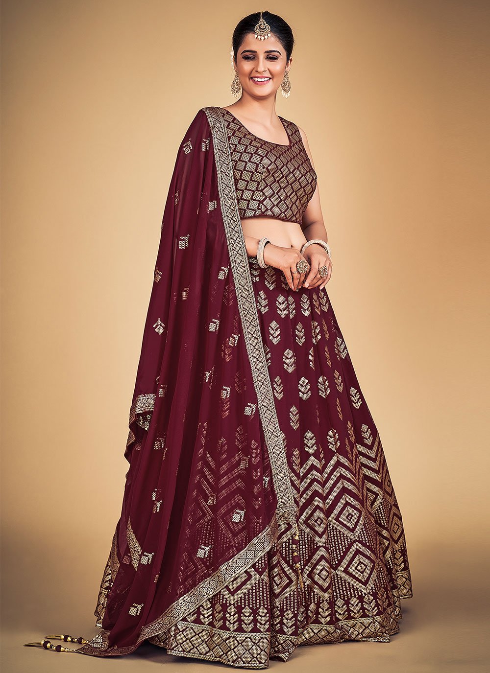 Maroon Pakistani Georgette Lehenga Choli For Indian Festivals & Weddings - Sequence Embroidery Work,