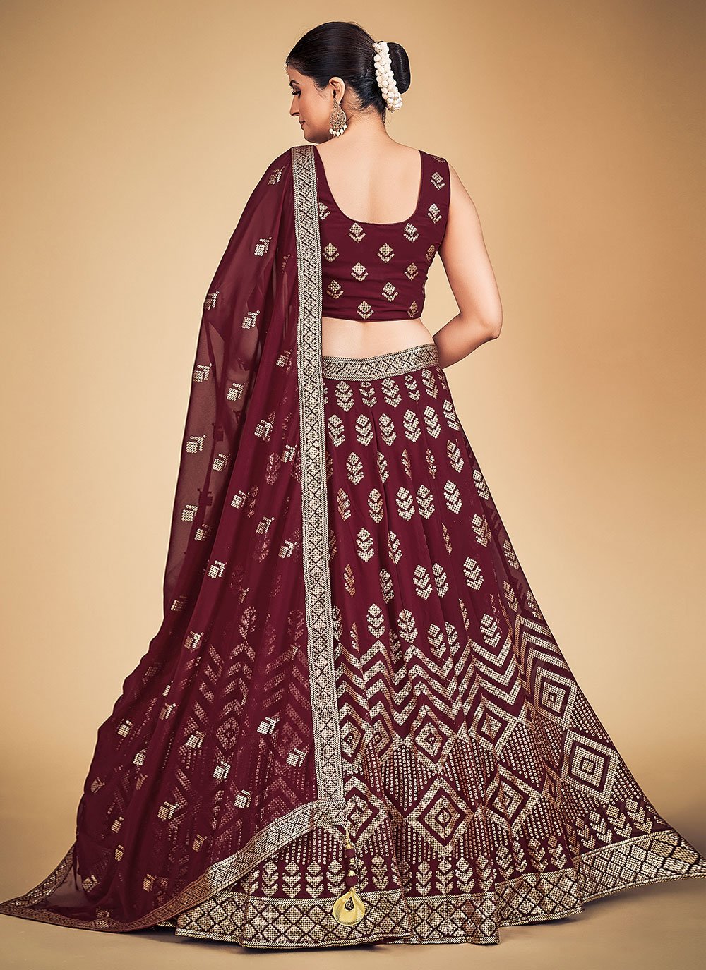 Maroon Pakistani Georgette Lehenga Choli For Indian Festivals & Weddings - Sequence Embroidery Work,