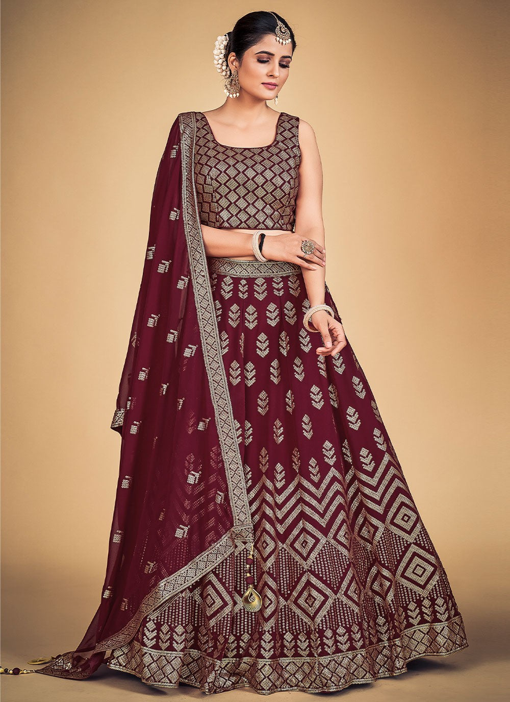 Maroon Pakistani Georgette Lehenga Choli For Indian Festivals & Weddings - Sequence Embroidery Work,