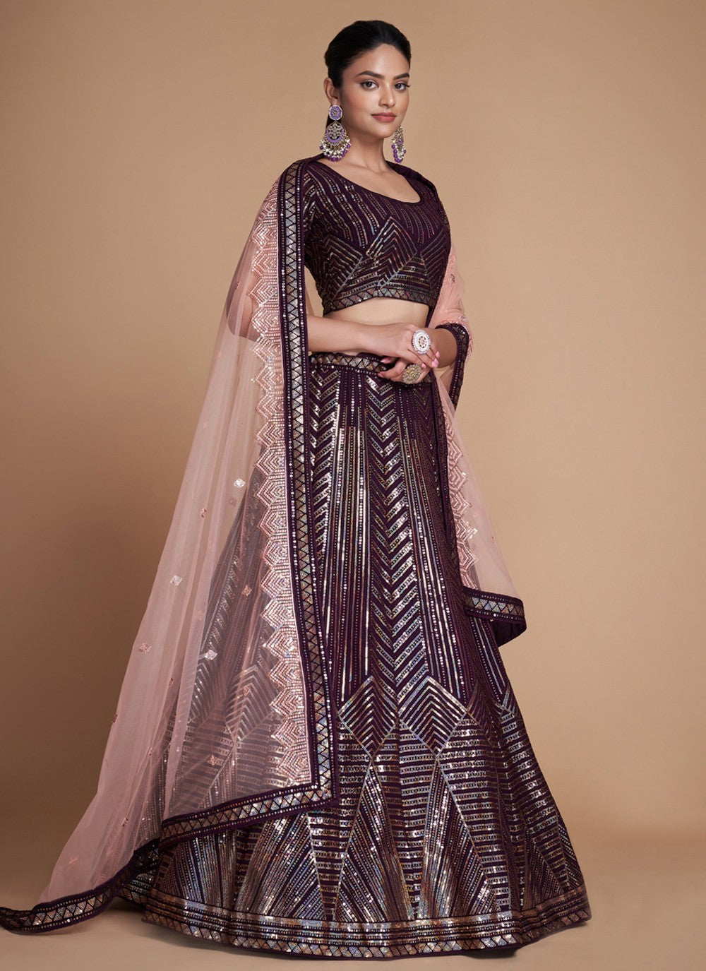 Maroon Pakistani Georgette Lehenga Choli For Indian Festivals & Weddings - Sequence Embroidery Work, Thread Embroidery Work,