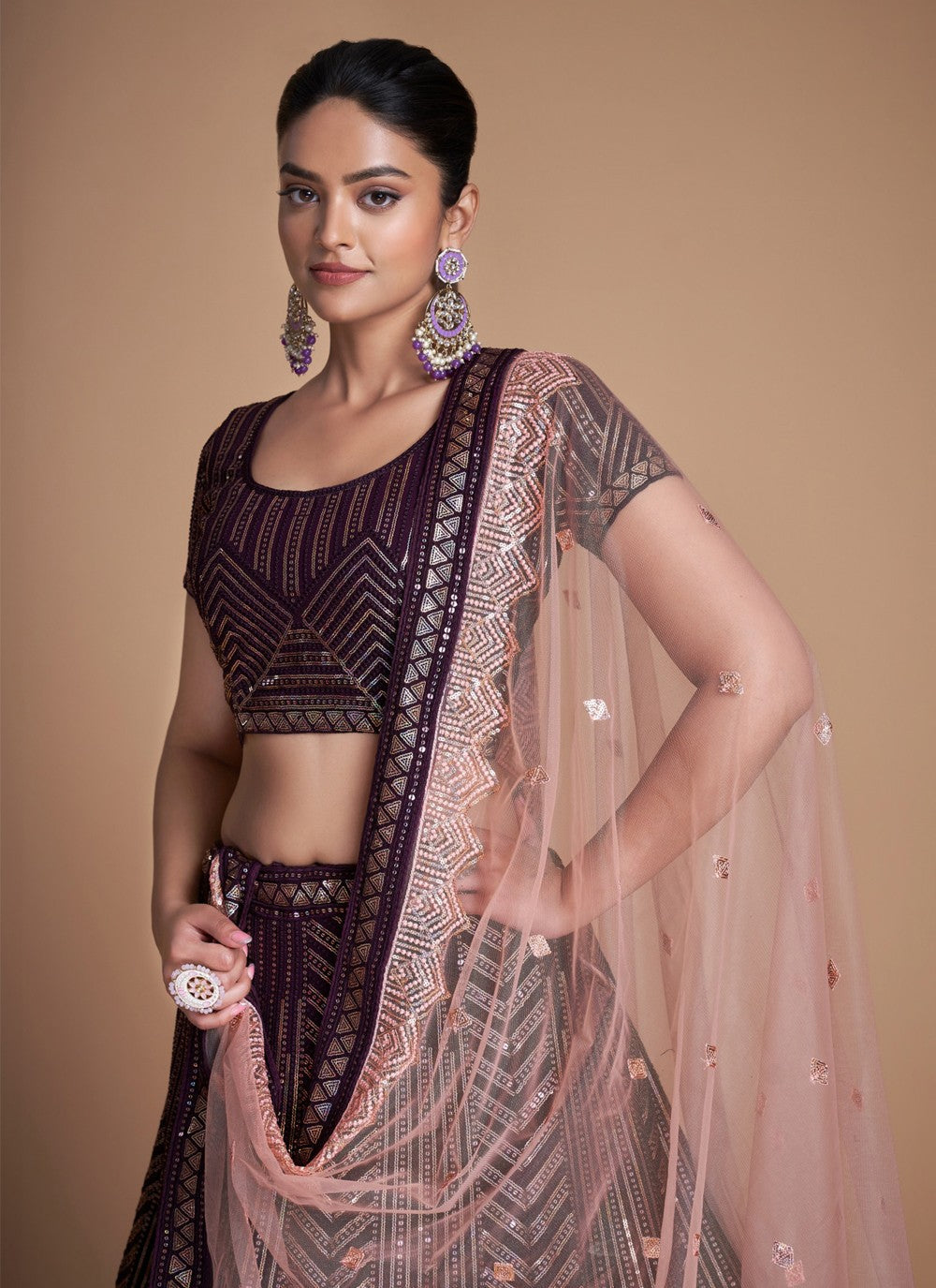 Maroon Pakistani Georgette Lehenga Choli For Indian Festivals & Weddings - Sequence Embroidery Work, Thread Embroidery Work,