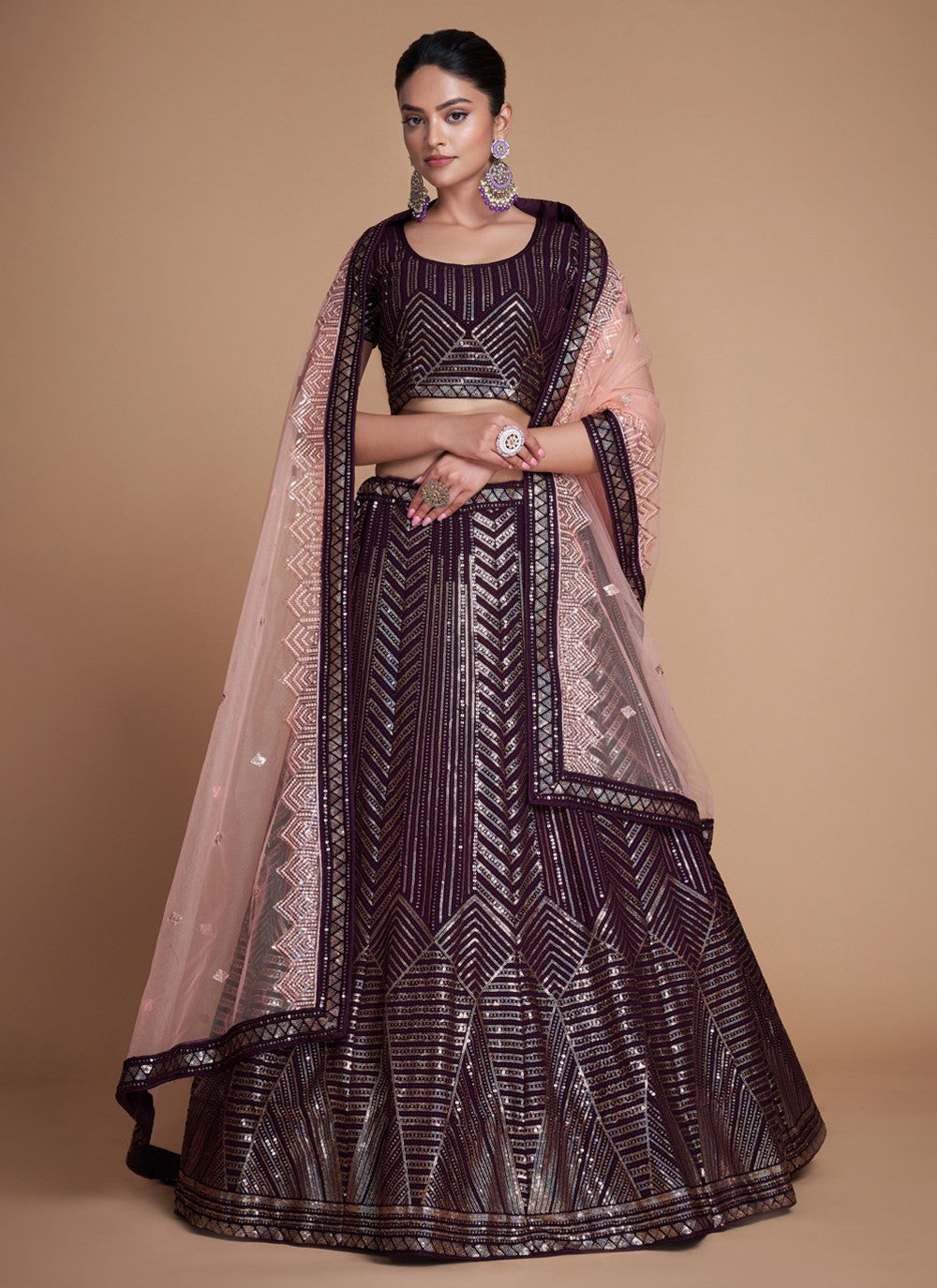 Maroon Pakistani Georgette Lehenga Choli For Indian Festivals & Weddings - Sequence Embroidery Work, Thread Embroidery Work,