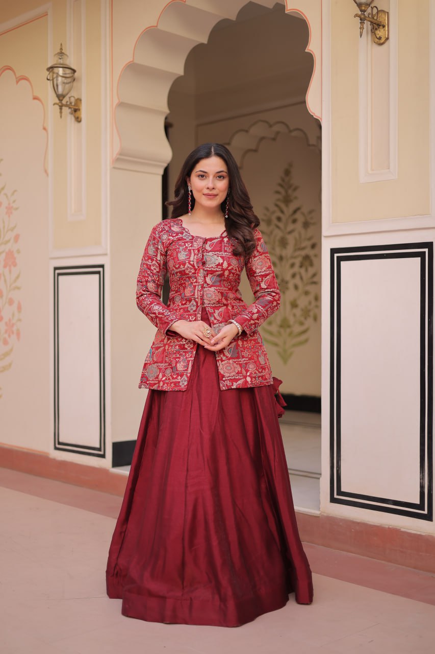 Maroon Premium Vichitra Silk Lehenga Set with Jequard Blouse & Hexagon Latkan Detailing