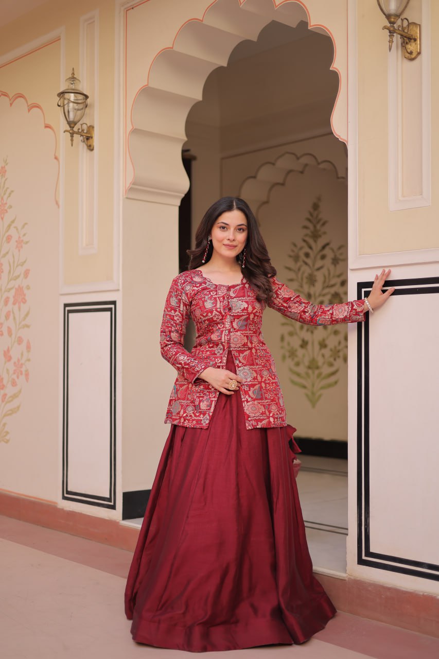 Maroon Premium Vichitra Silk Lehenga Set with Jequard Blouse & Hexagon Latkan Detailing