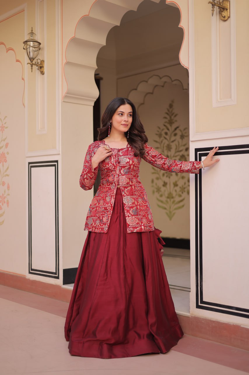 Maroon Premium Vichitra Silk Lehenga Set with Jequard Blouse & Hexagon Latkan Detailing