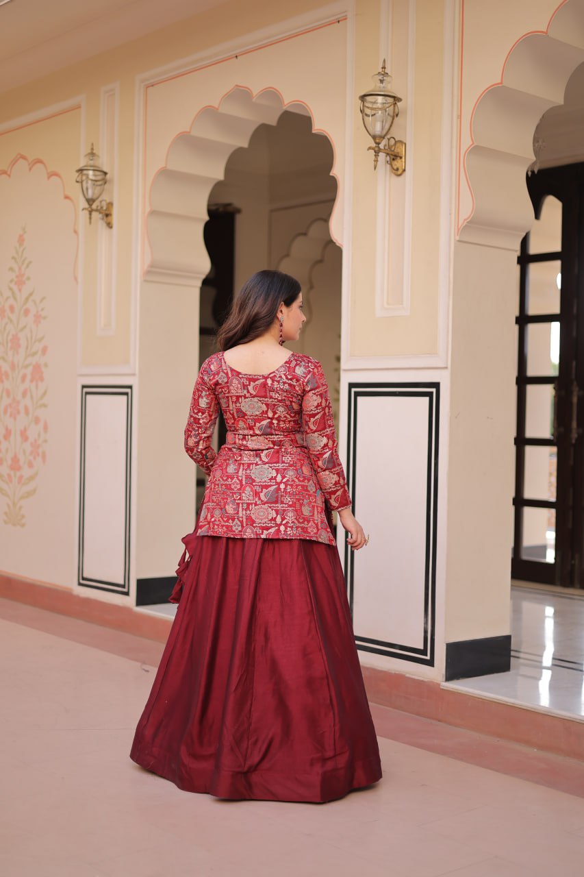 Maroon Premium Vichitra Silk Lehenga Set with Jequard Blouse & Hexagon Latkan Detailing