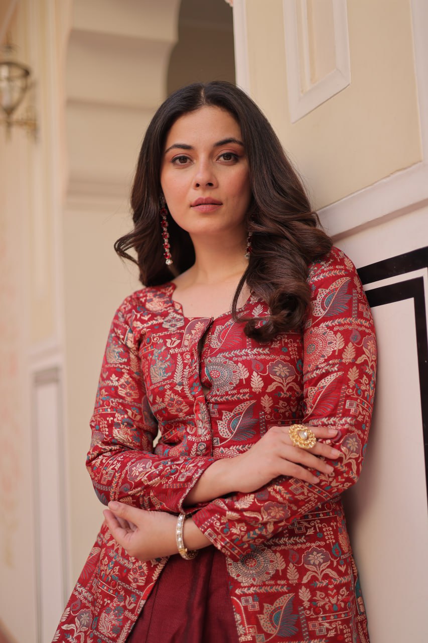 Maroon Premium Vichitra Silk Lehenga Set with Jequard Blouse & Hexagon Latkan Detailing