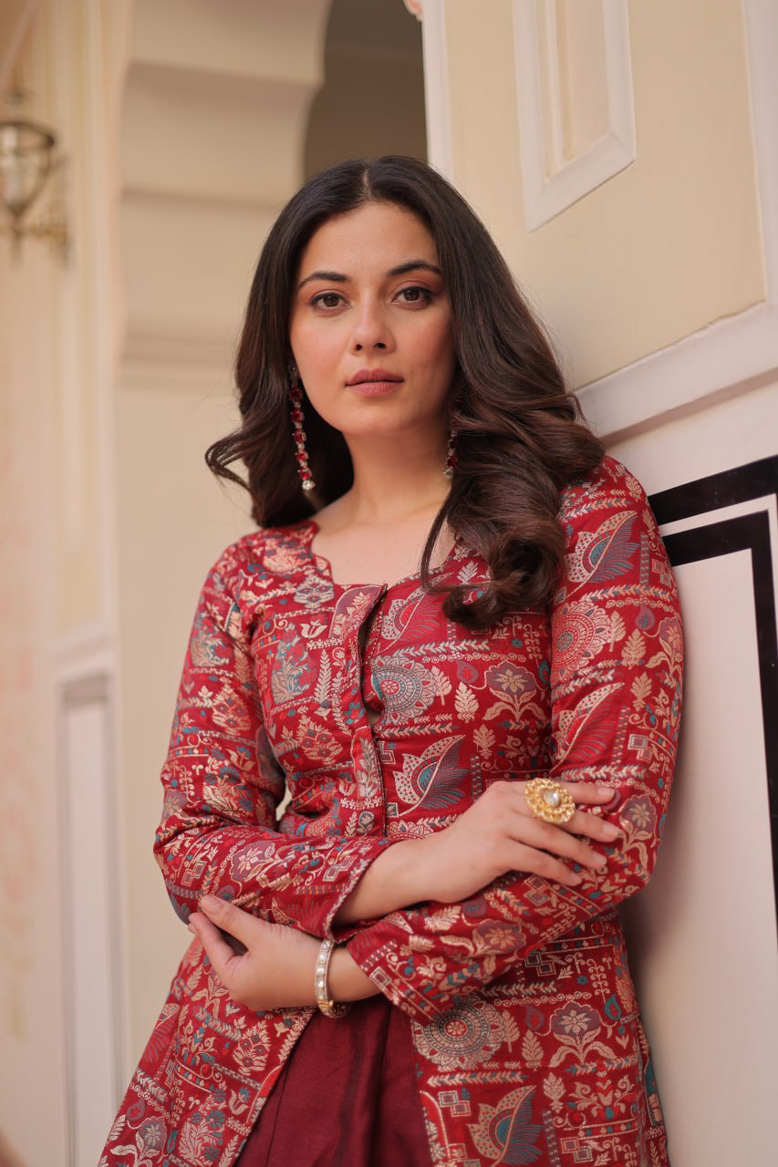 Maroon Premium Vichitra Silk Lehenga Set with Jequard Blouse & Hexagon Latkan Detailing