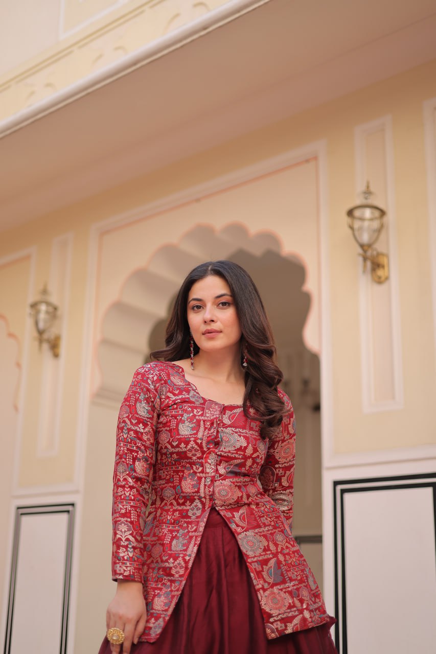 Maroon Premium Vichitra Silk Lehenga Set with Jequard Blouse & Hexagon Latkan Detailing