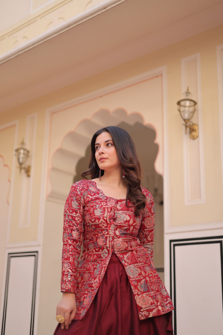 Maroon Premium Vichitra Silk Lehenga Set with Jequard Blouse & Hexagon Latkan Detailing