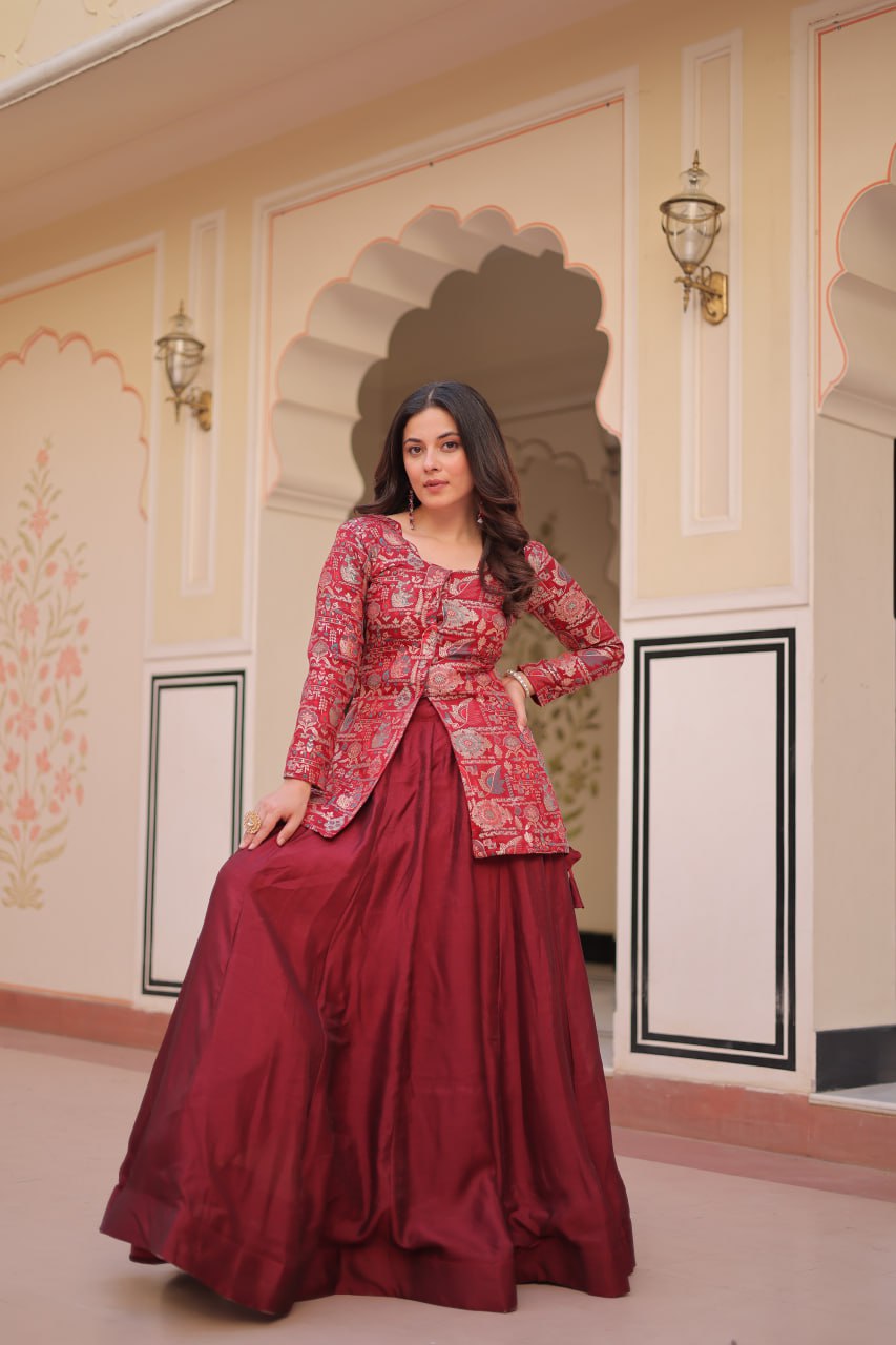 Maroon Premium Vichitra Silk Lehenga Set with Jequard Blouse & Hexagon Latkan Detailing