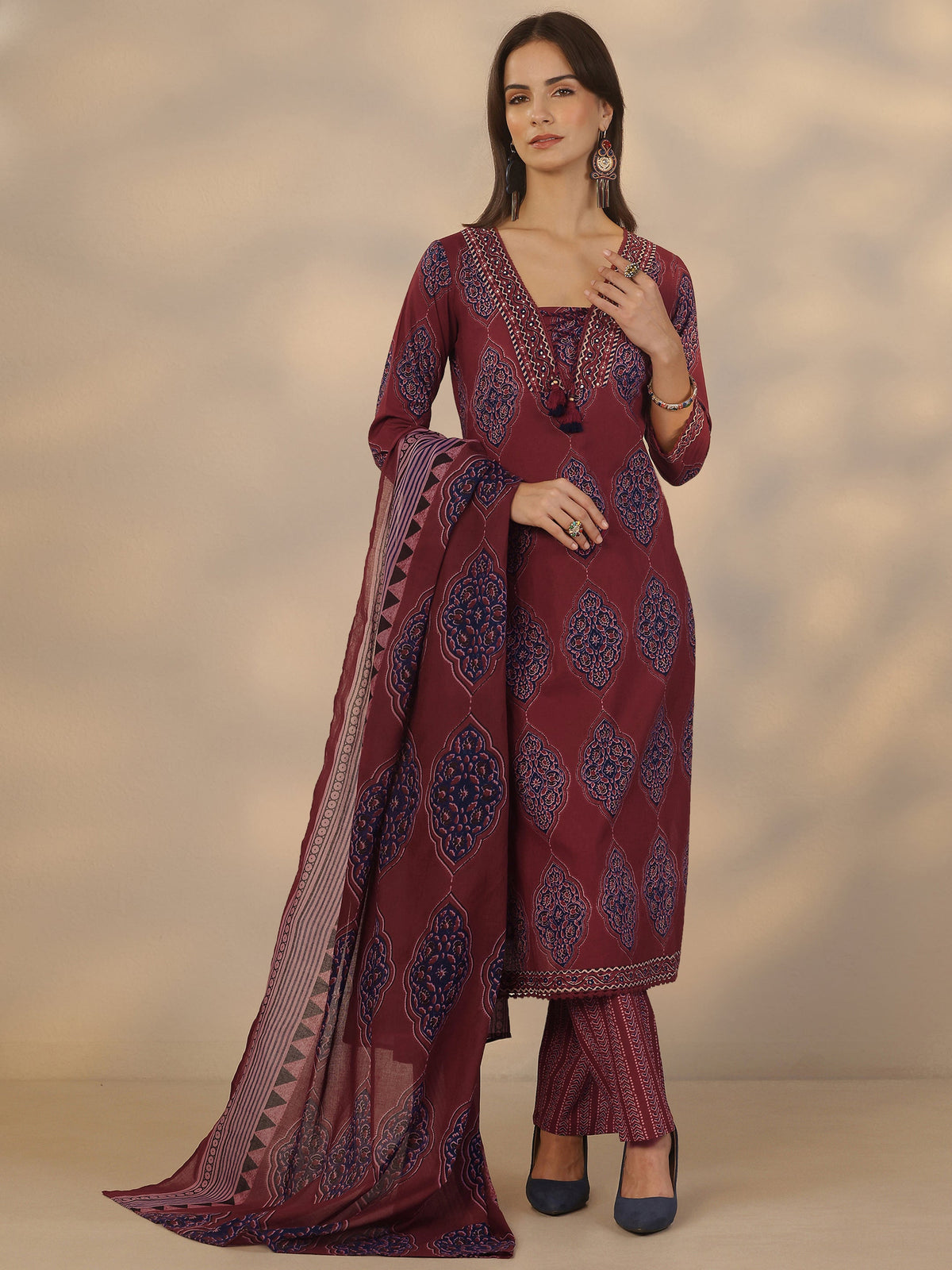 Anouk Maroon Printed Cotton Straight Suit Set With Dupatta