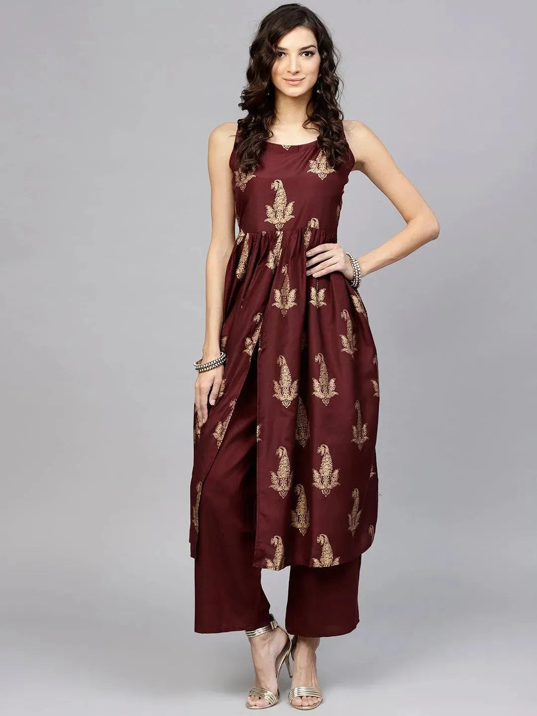 Anouk Maroon Printed Muslin A-Line Kurta With Palazzos