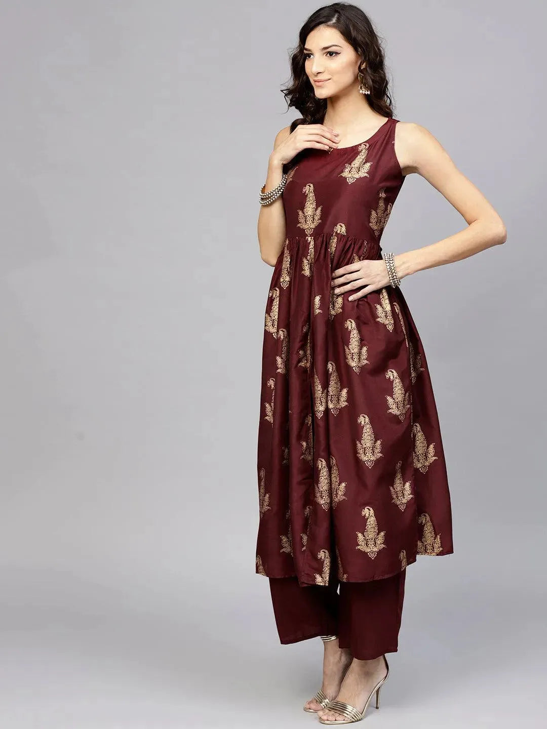 Anouk Maroon Printed Muslin A-Line Kurta With Palazzos
