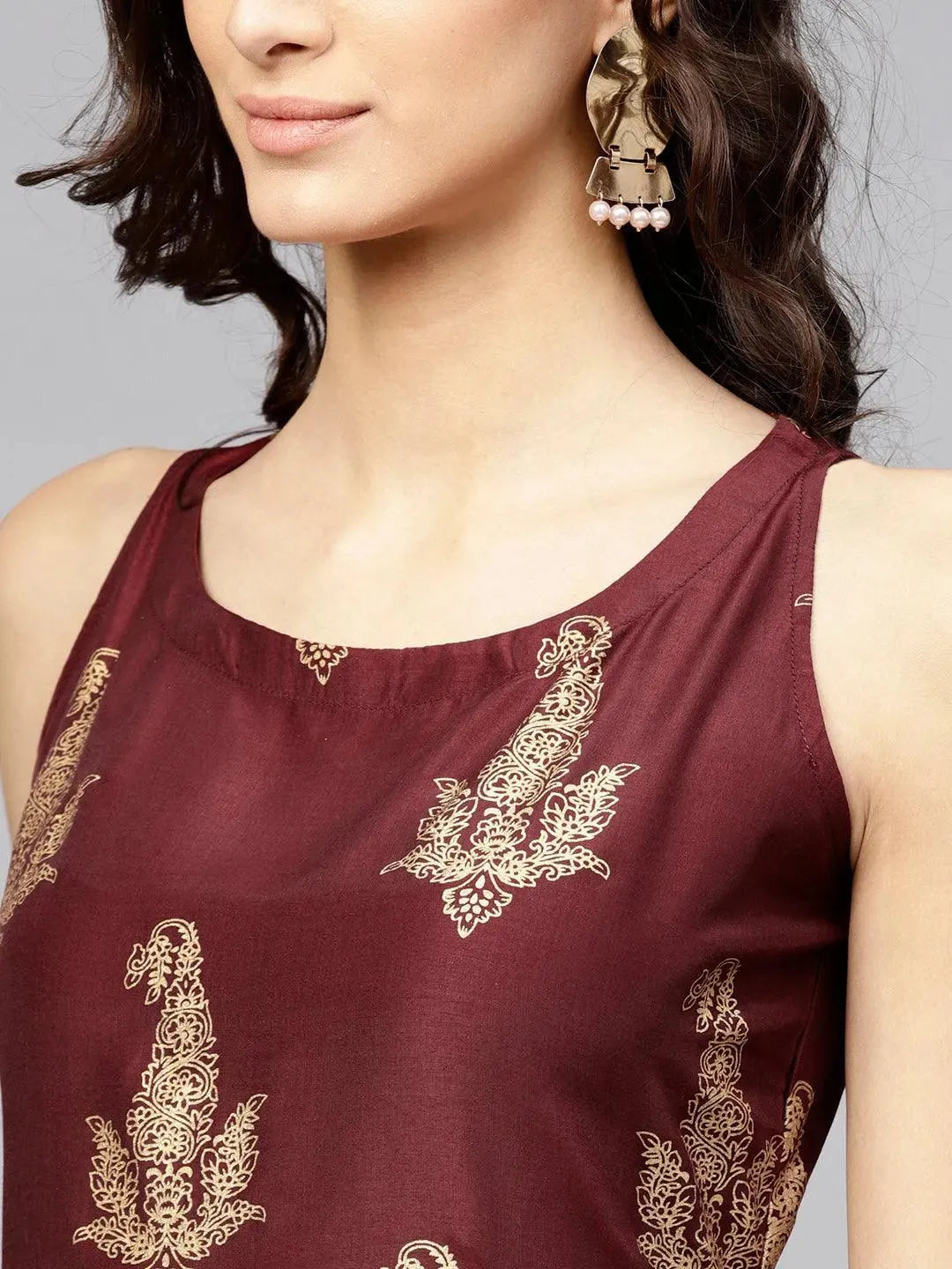 Anouk Maroon Printed Muslin A-Line Kurta With Palazzos