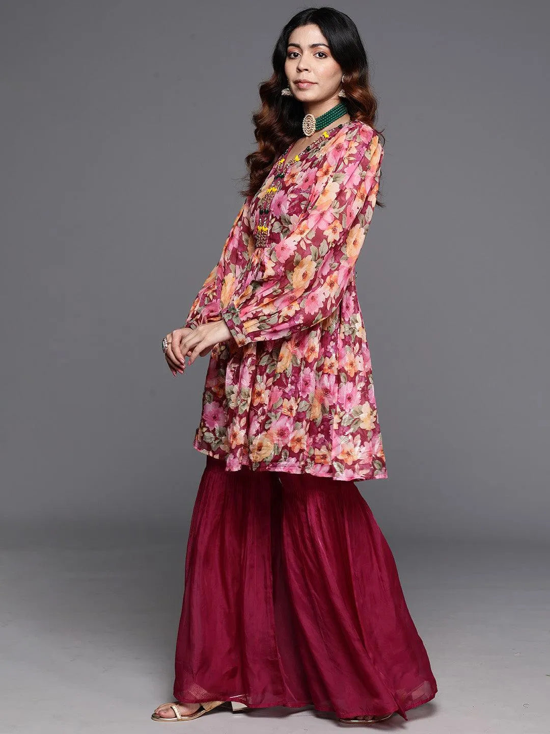 Anouk Maroon Printed Organza A-Line Sharara Suit Set With Dupatta