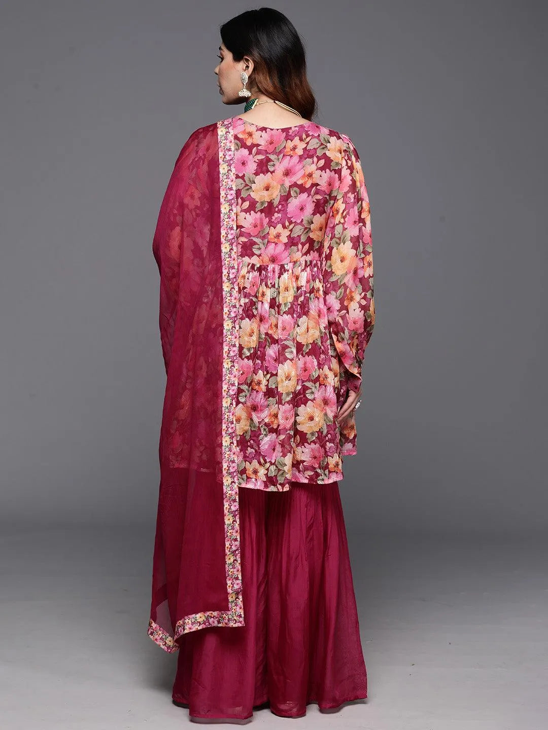 Anouk Maroon Printed Organza A-Line Sharara Suit Set With Dupatta
