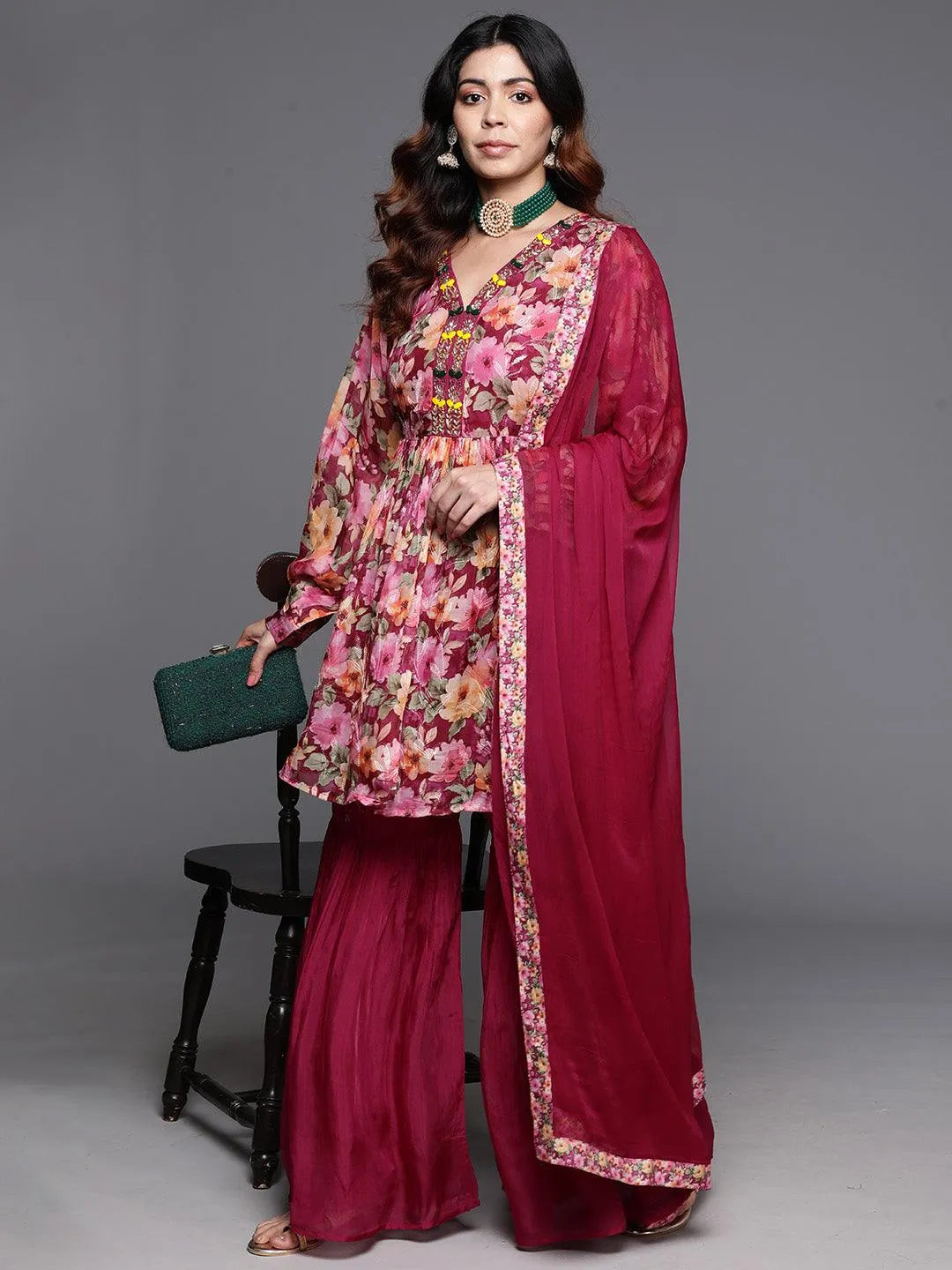 Anouk Maroon Printed Organza A-Line Sharara Suit Set With Dupatta