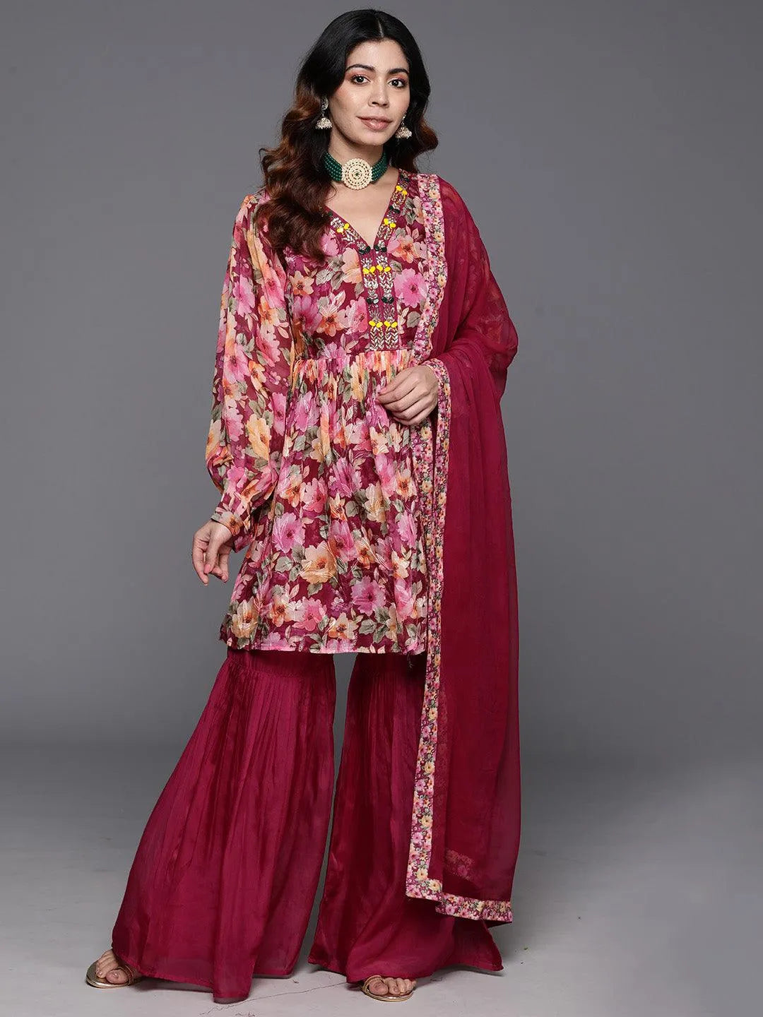 Anouk Maroon Printed Organza A-Line Sharara Suit Set With Dupatta
