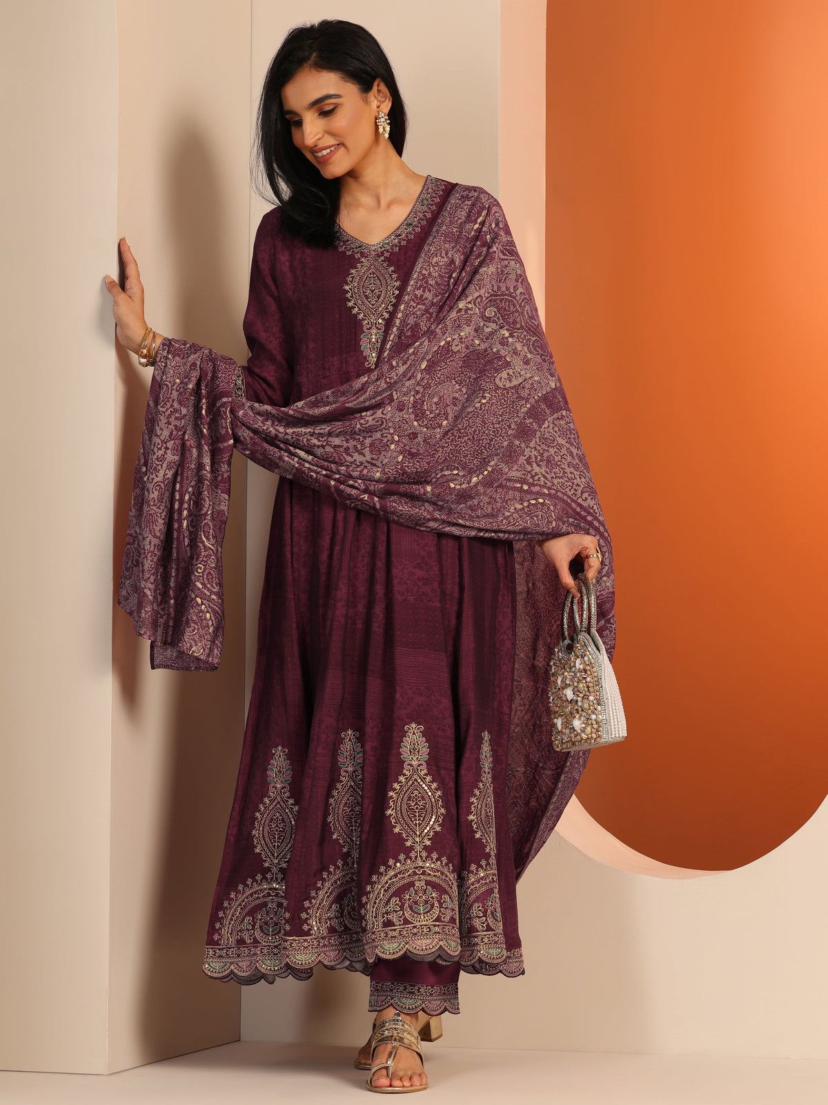 Anouk Maroon Printed Silk Blend Anarkali Suit Set With Dupatta