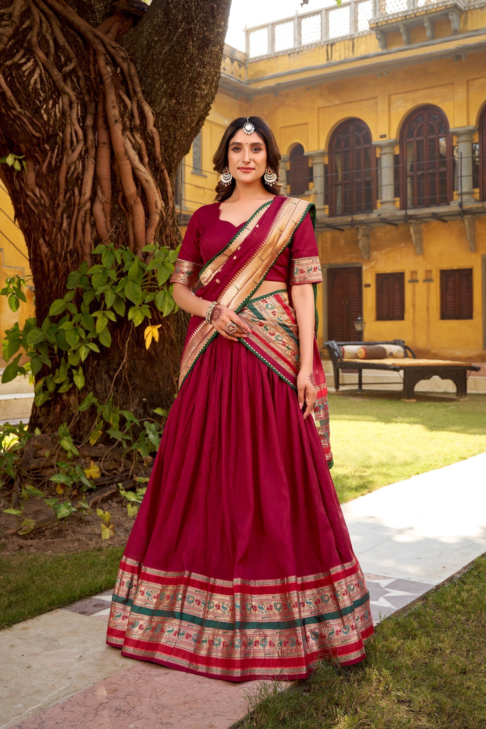 Maroon Pure Chanderi Zari Weaving Lehenga Choli Set with Gotta Patti Detailing & Matching Dupatta – 4-Meter Flair Fully Stitched Ethnic Wear
