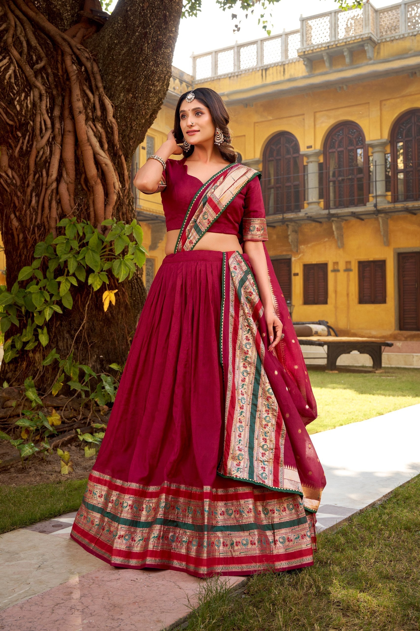 Maroon Pure Chanderi Zari Weaving Lehenga Choli Set with Gotta Patti Detailing & Matching Dupatta – 4-Meter Flair Fully Stitched Ethnic Wear