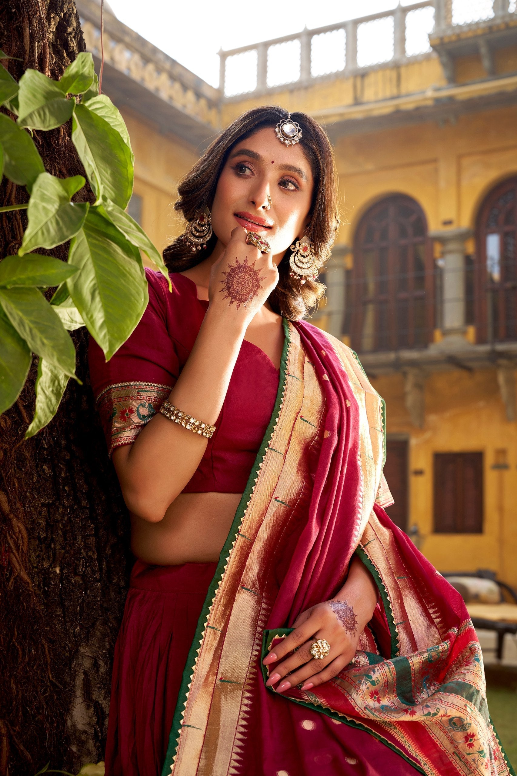 Maroon Pure Chanderi Zari Weaving Lehenga Choli Set with Gotta Patti Detailing & Matching Dupatta – 4-Meter Flair Fully Stitched Ethnic Wear