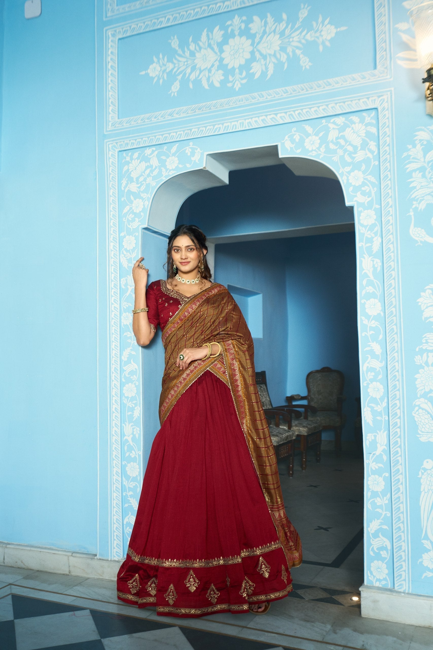 Maroon Silk Embroidered Lehenga Set