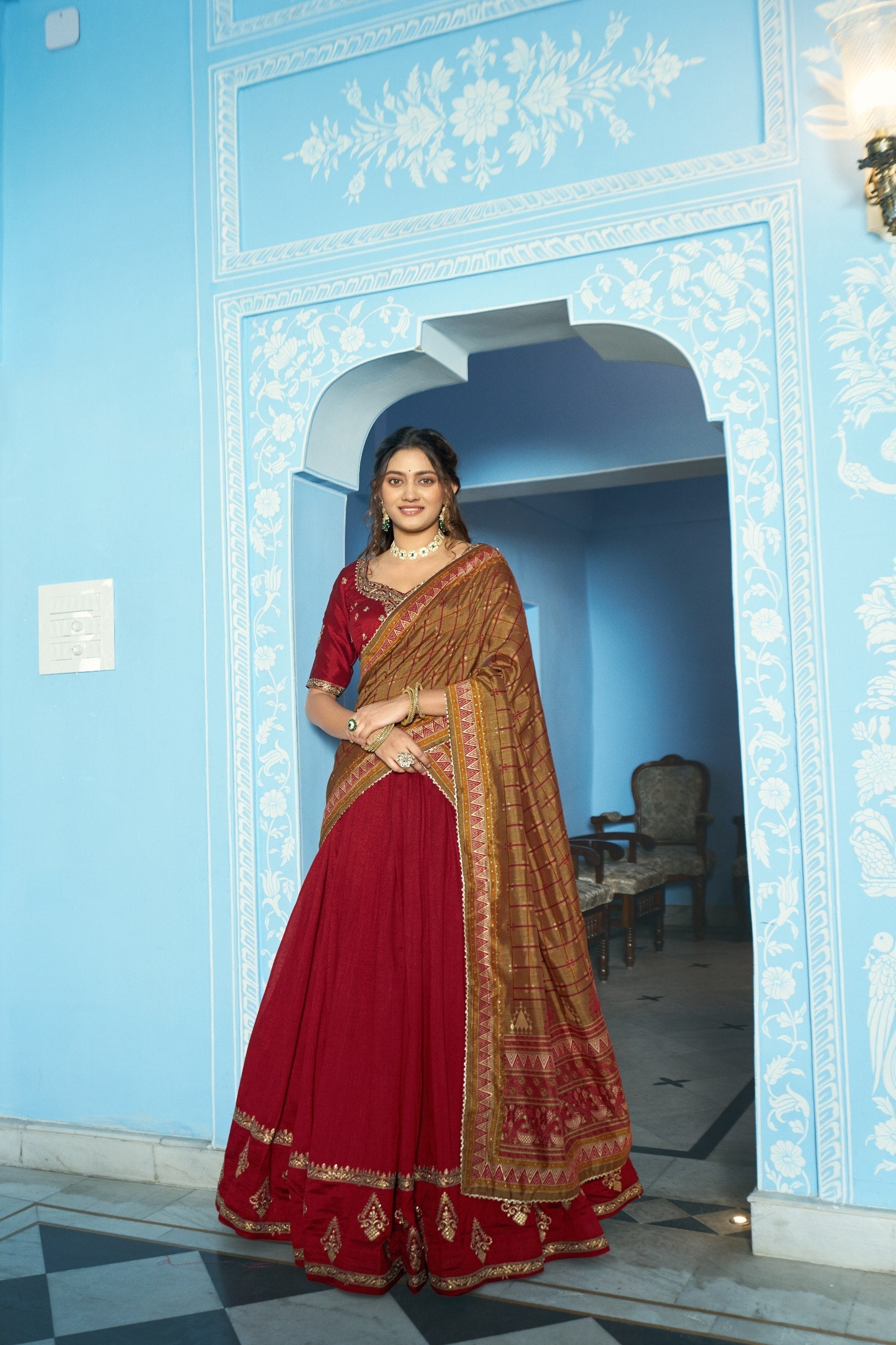 Maroon Silk Embroidered Lehenga Set