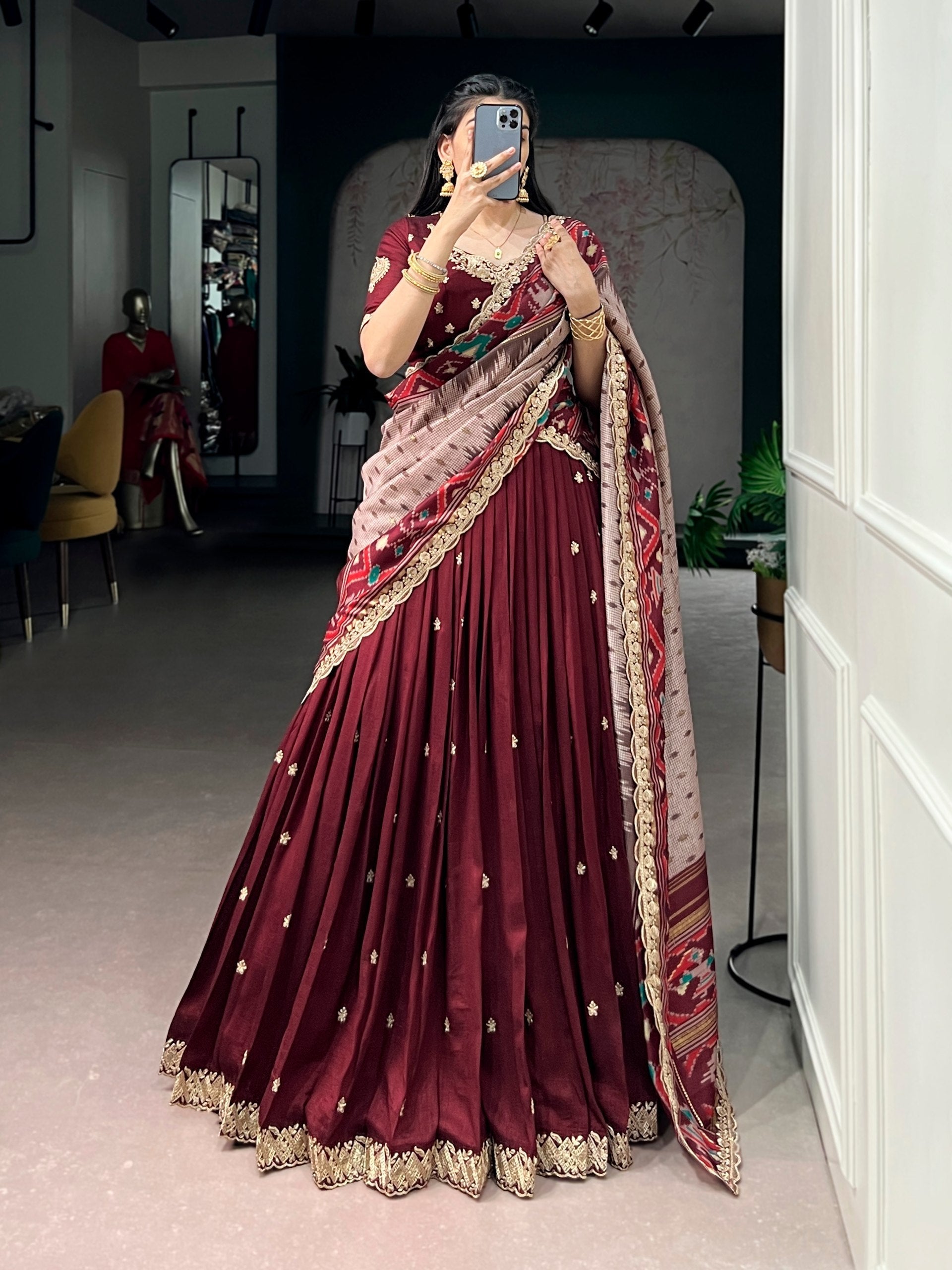 Maroon Silk Embroidered Lehenga Set