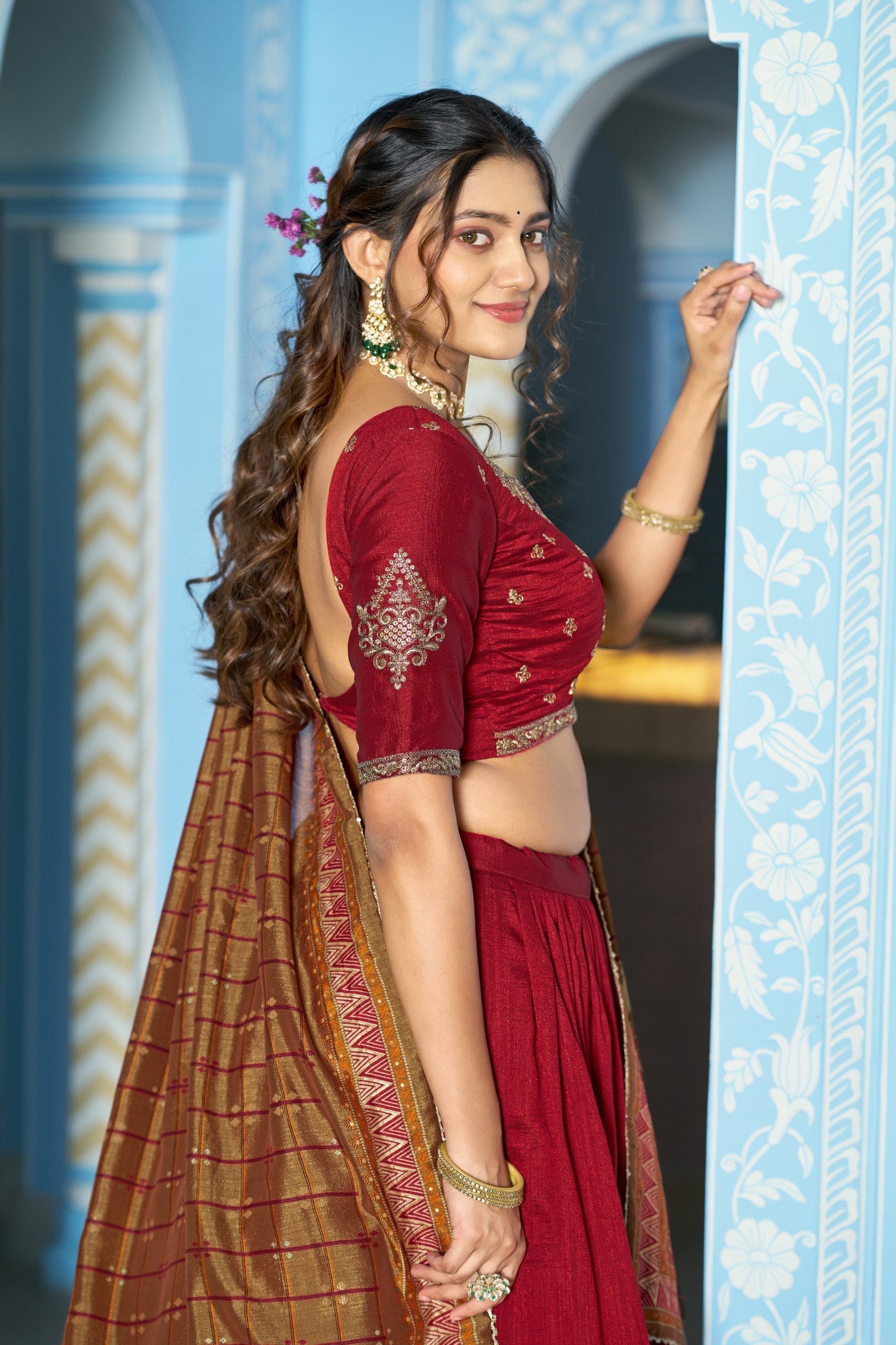 Maroon Silk Embroidered Lehenga Set