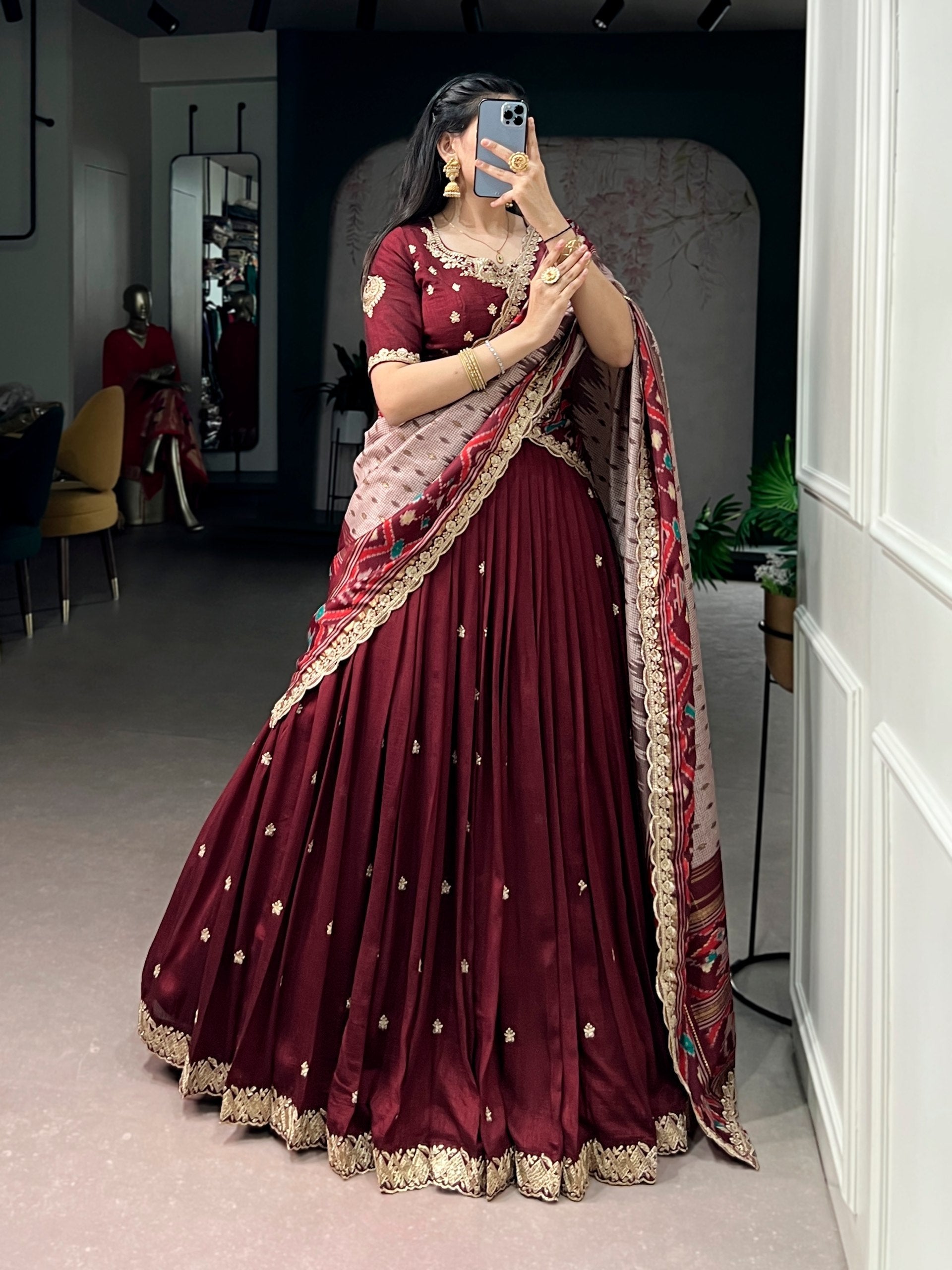 Maroon Silk Embroidered Lehenga Set