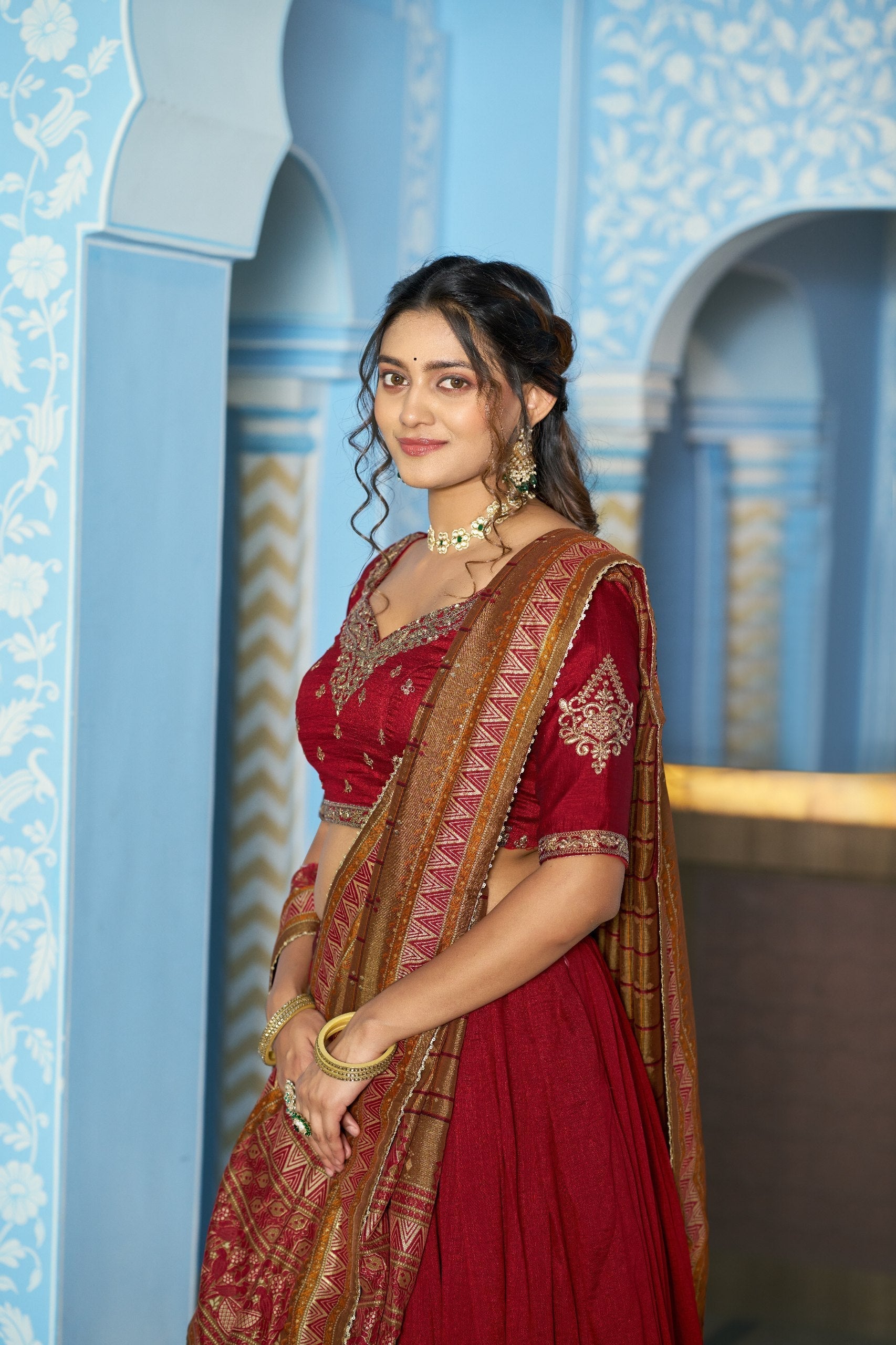 Maroon Silk Embroidered Lehenga Set
