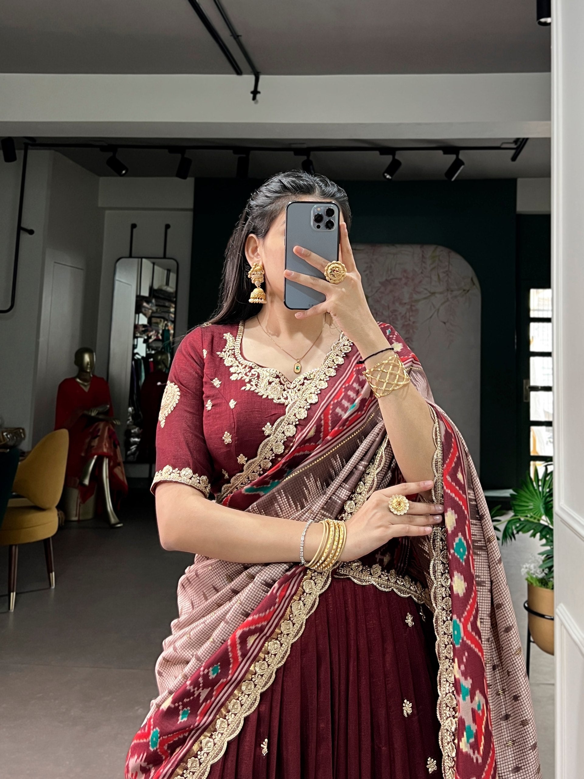 Maroon Silk Embroidered Lehenga Set