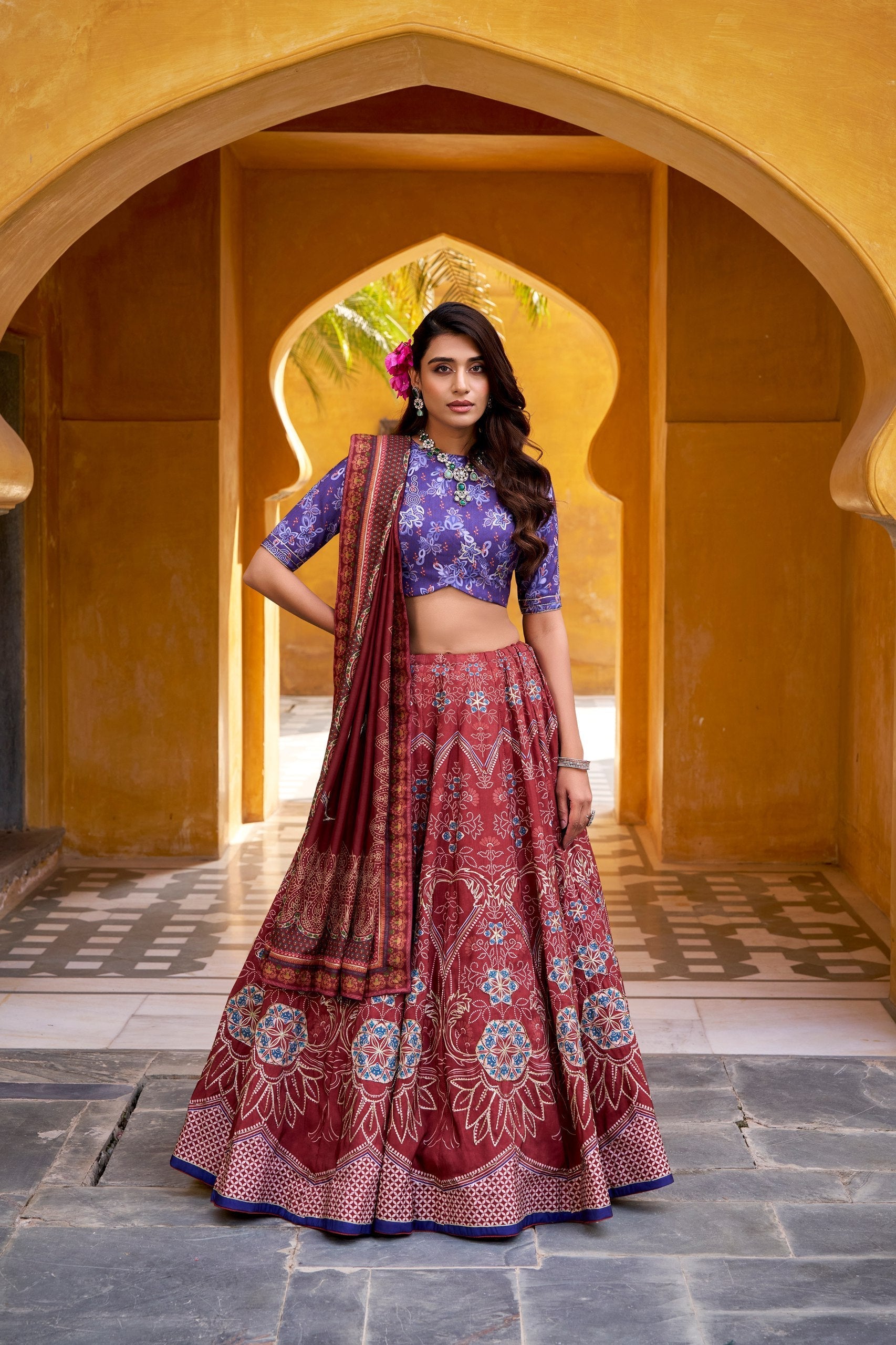 Maroon Silk Lehenga Choli with Gotta Patti Lace