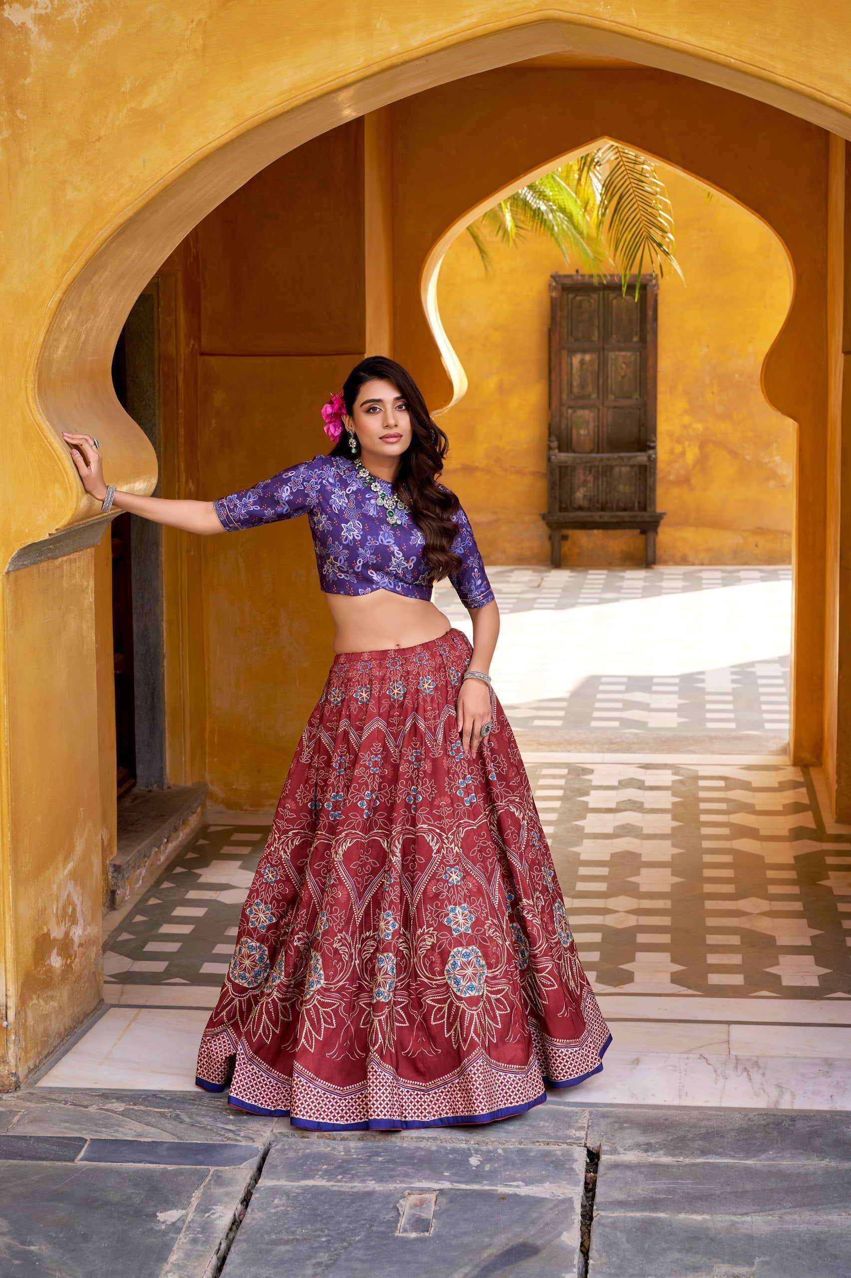 Maroon Silk Lehenga Choli with Gotta Patti Lace